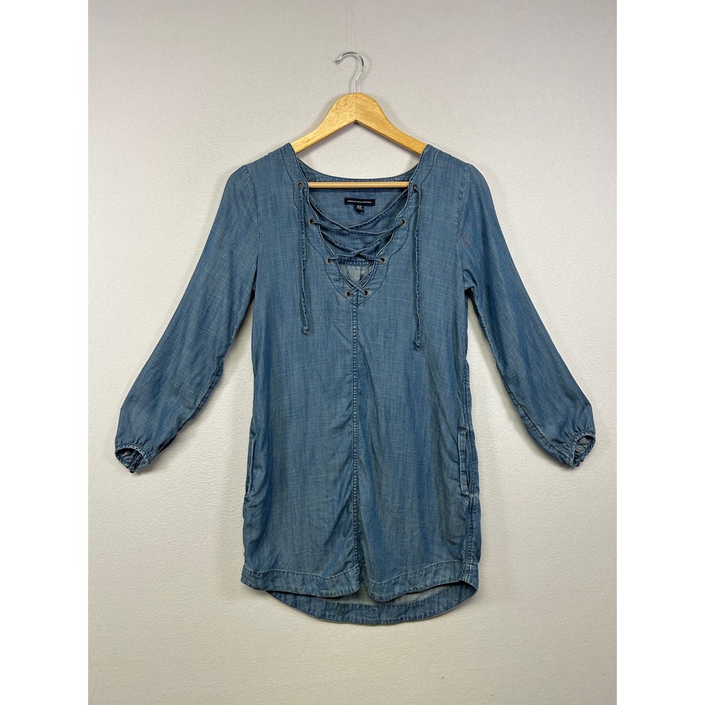 Boho American Eagle Womens XS Blue Chambray Lace Up Tassel Shift Mini‎ Dress